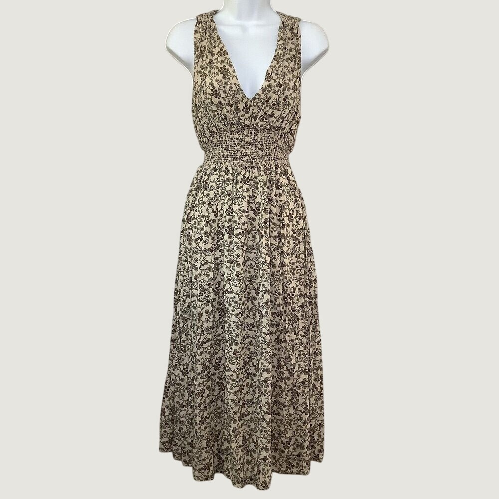 Cream Floral Maxi Dress Small Cottagecore Prairie Casual Boho Chic Gardencore